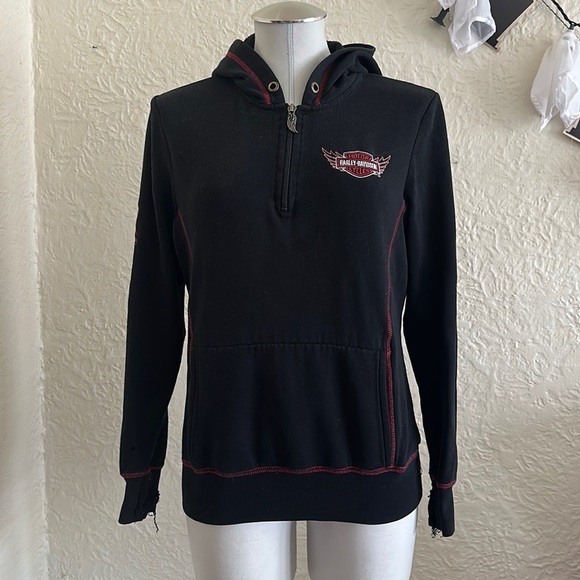 Harley-Davidson Black Red Embroidered Wing Quarter Zip Hooded Sweatshirt FLAWS - Picture 1 of 11